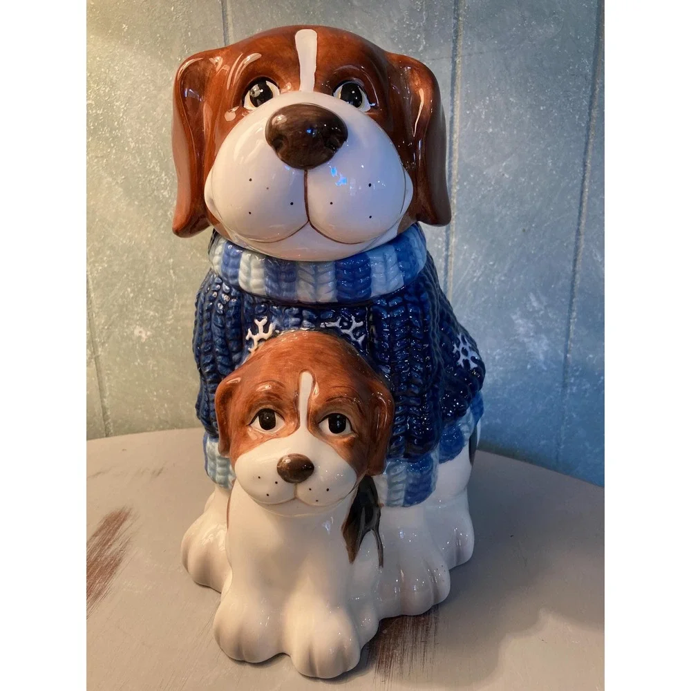 Dog And Puppy Cookie Jar In Snowflake Christmas Sweater
