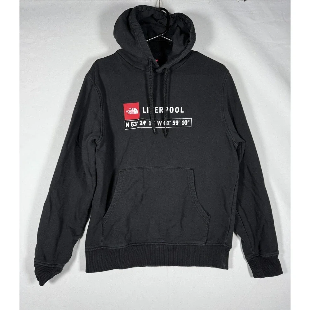 North Face Liverpool Hoodie Men's Medium Black GPS Coordinates Sweatshirt READ