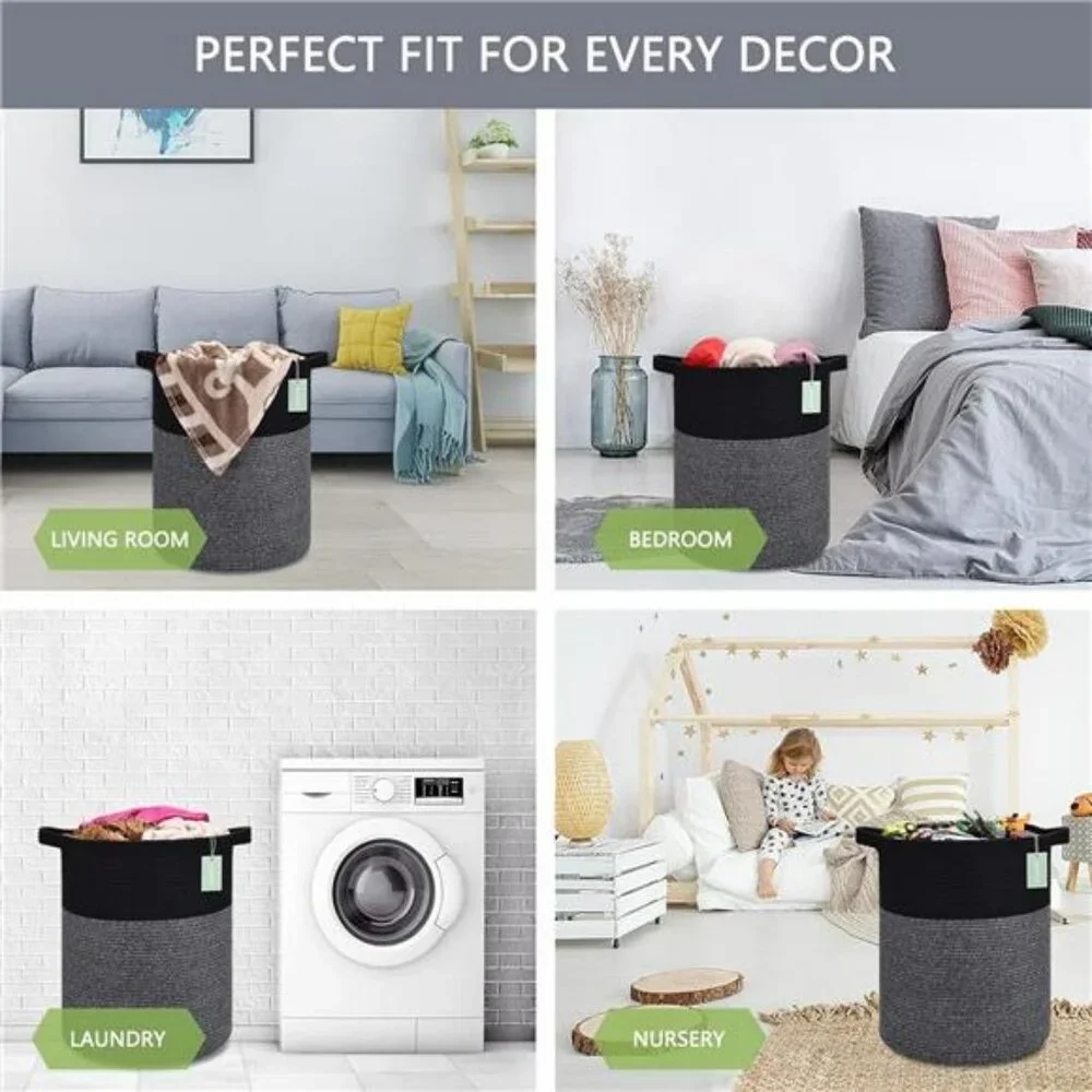 Large laundry hamper woven cotton rope basket 72L toy clothes blanket storage bi