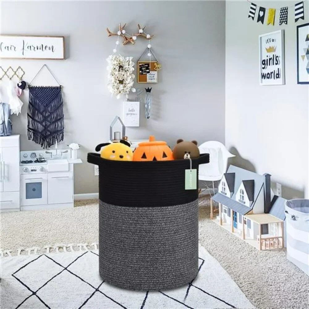 Large laundry hamper woven cotton rope basket 72L toy clothes blanket storage bi