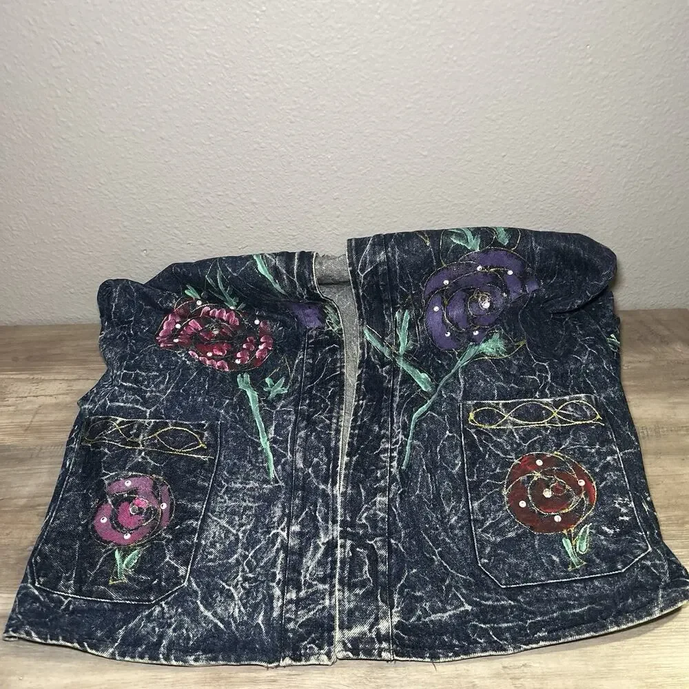 Vtg Christie Of California Denim Jacket Hand Painted Acid Washed Art to Wear 14