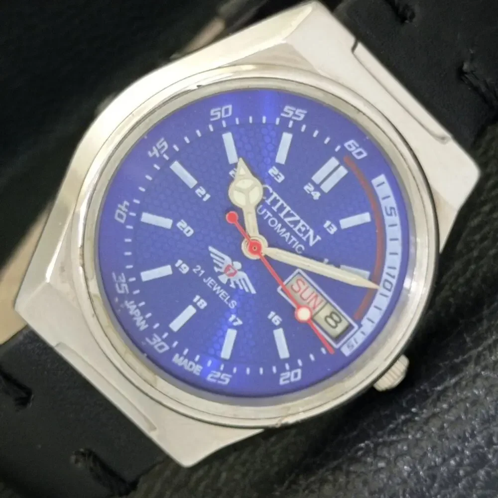 Vintage 1972 Citizen Automatic Mens Silver Watch W/daydate & Blue accents