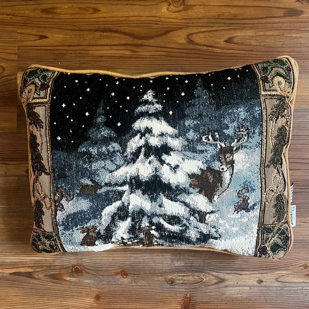 Riverdale Vintage Winter Night Snowy Tree Deer Gold Garland Holiday Pillow 16x12