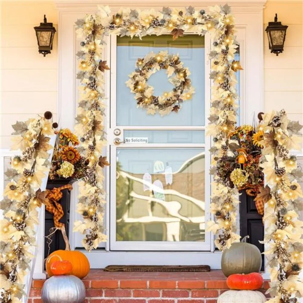 Fall Garland with Lights 6Ft Autumn Garland with Pumpkins Maple Leaves