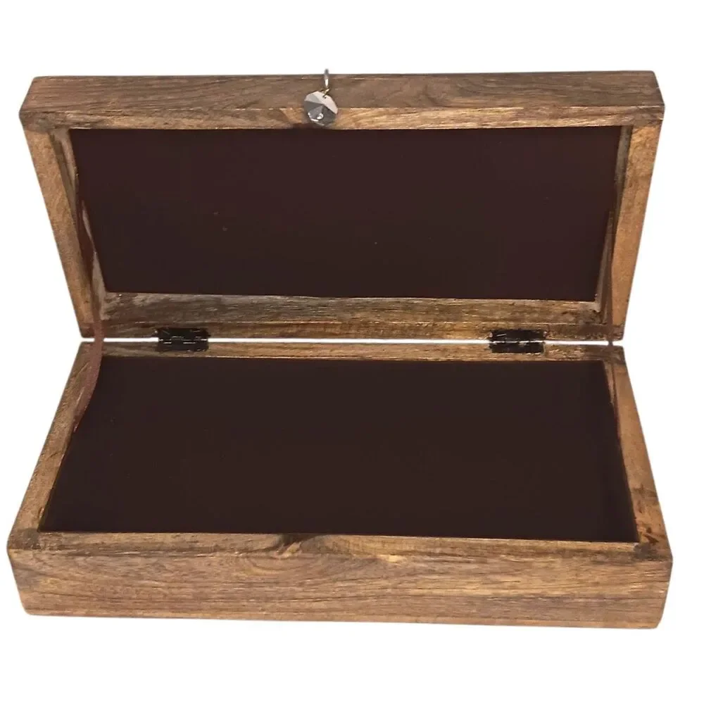 Jewelry Box Brown Wooden Trinket Box With Burlap And Silver Metal Flowers 10x5x3