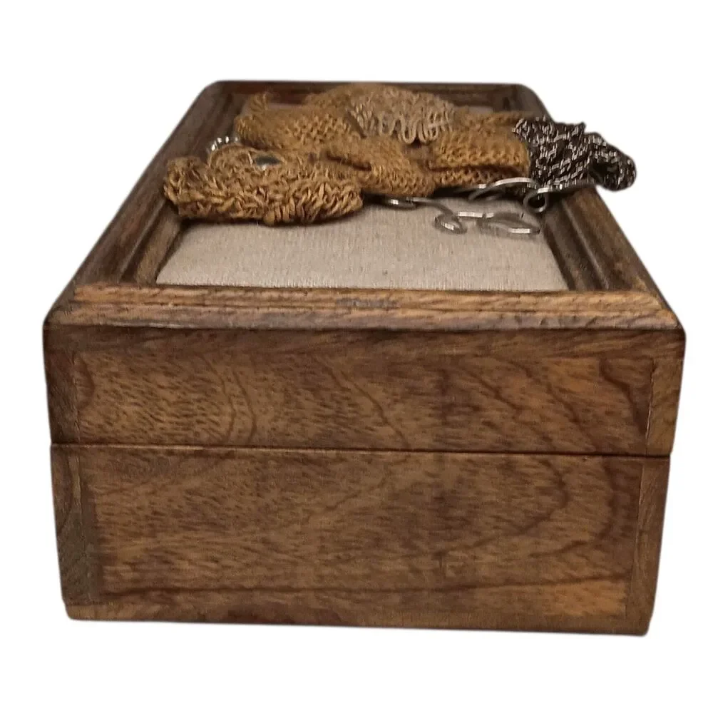 Jewelry Box Brown Wooden Trinket Box With Burlap And Silver Metal Flowers 10x5x3