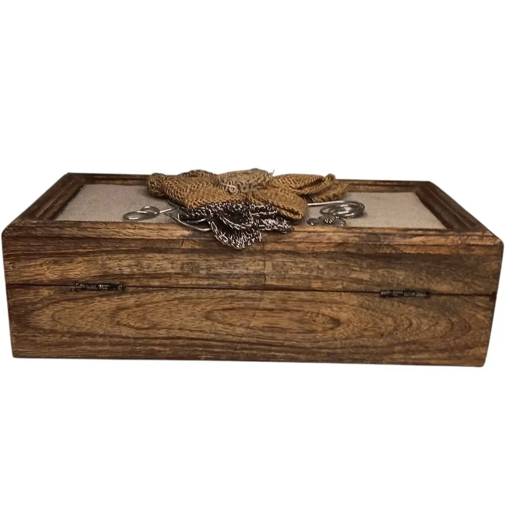 Jewelry Box Brown Wooden Trinket Box With Burlap And Silver Metal Flowers 10x5x3