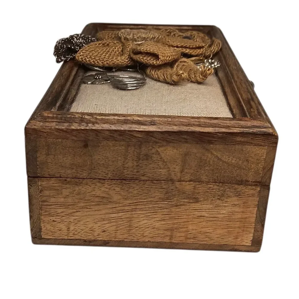 Jewelry Box Brown Wooden Trinket Box With Burlap And Silver Metal Flowers 10x5x3
