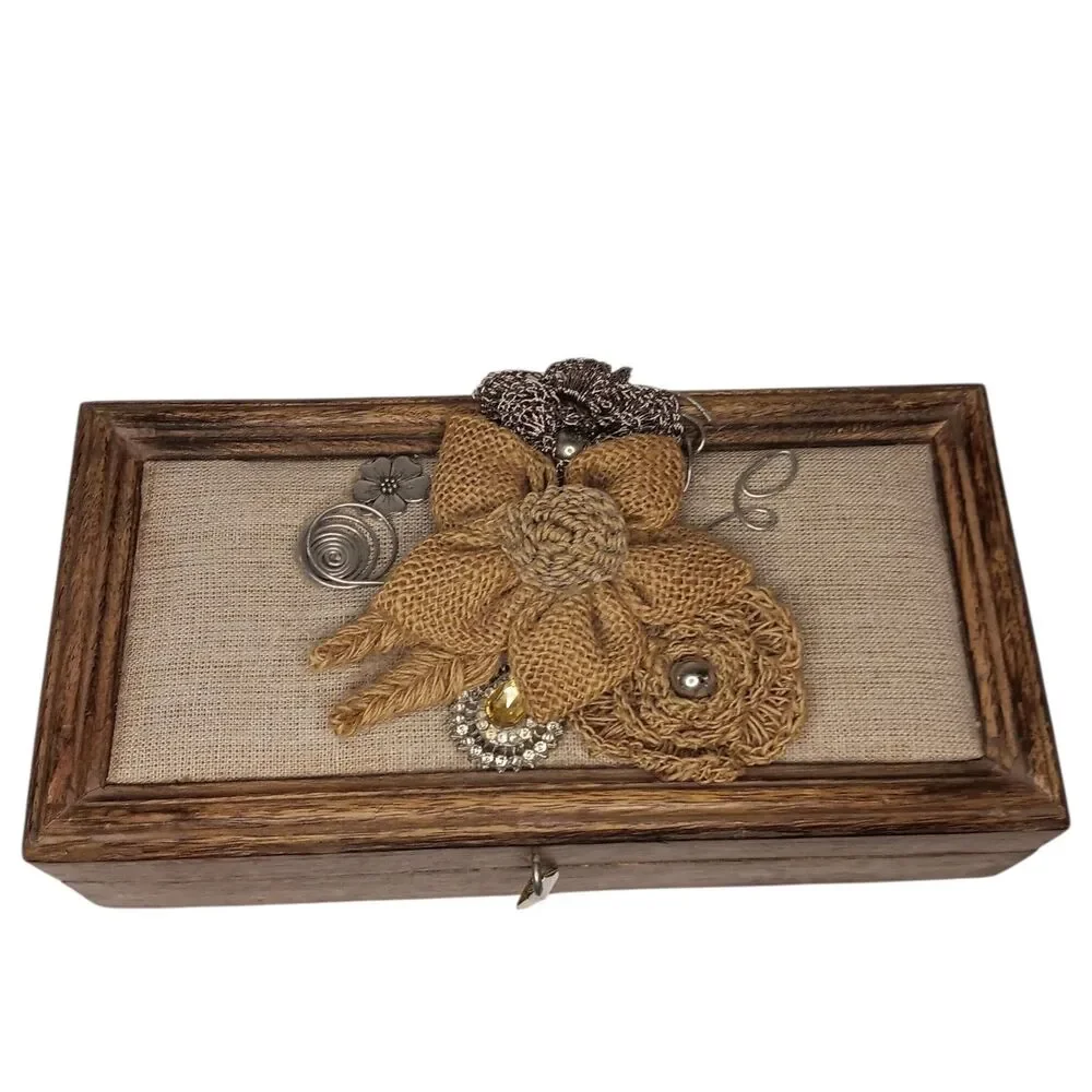 Jewelry Box Brown Wooden Trinket Box With Burlap And Silver Metal Flowers 10x5x3