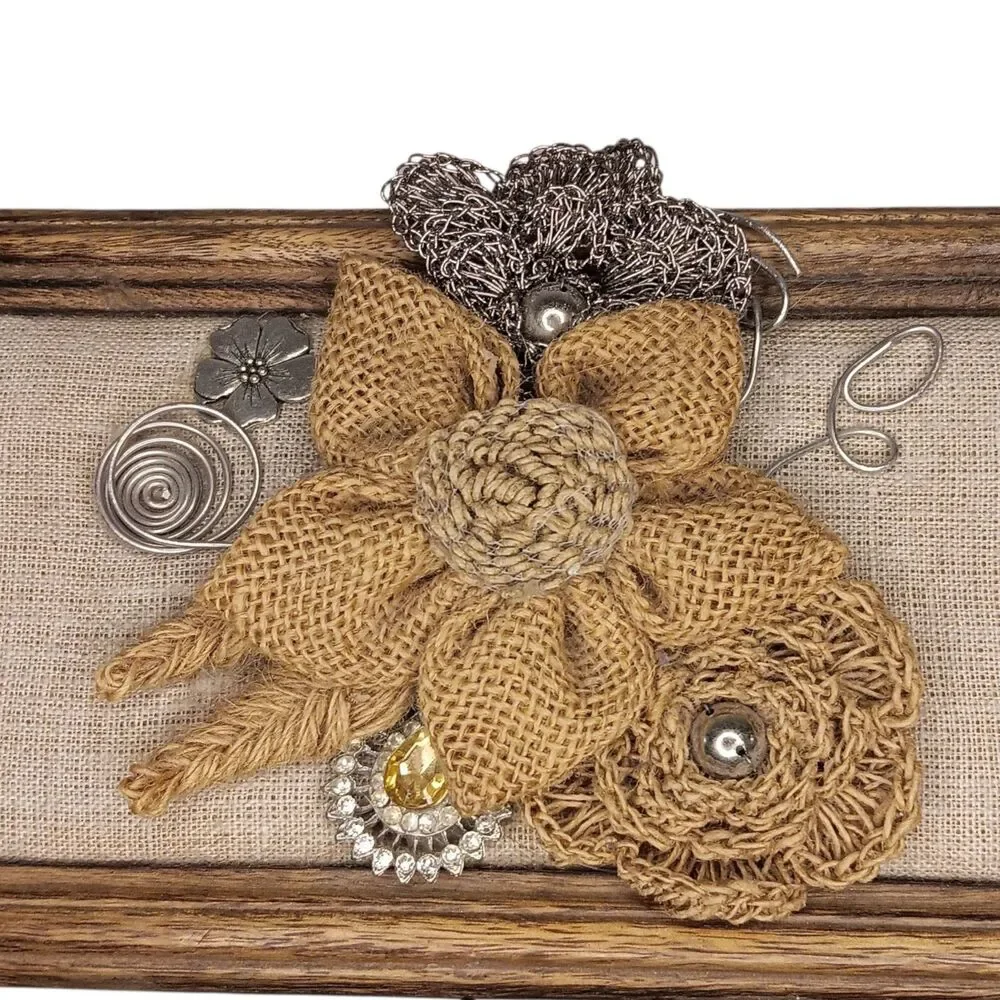 Jewelry Box Brown Wooden Trinket Box With Burlap And Silver Metal Flowers 10x5x3
