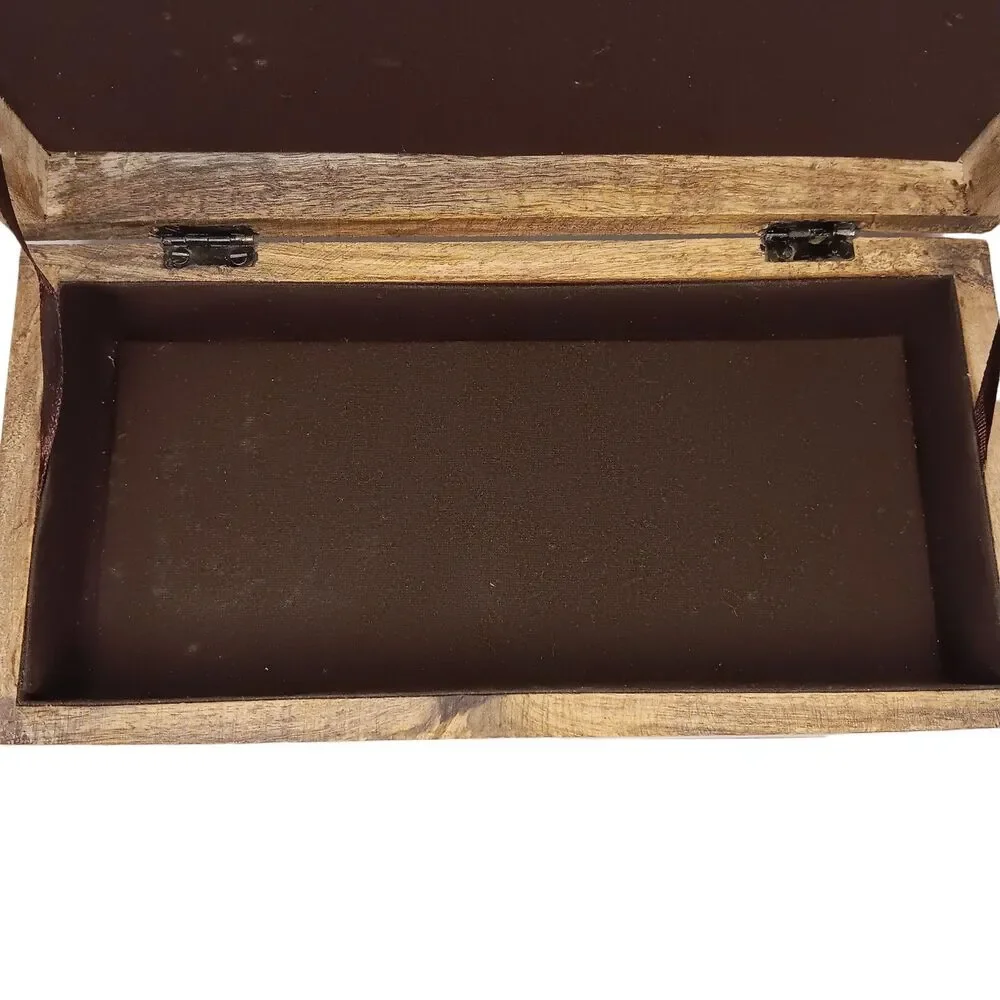 Jewelry Box Brown Wooden Trinket Box With Burlap And Silver Metal Flowers 10x5x3