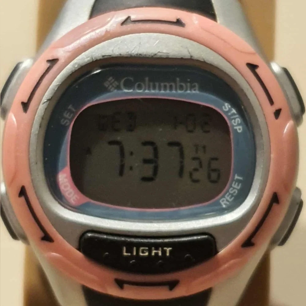 🦋10/$20🦋 Columbia CL-5023 Silver/Pink Nylon Digital Alarm Chrono Women's Watch