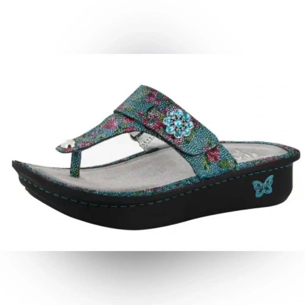 Alegria Carina‎ Aqua Floral Leather Wedge Sandals Women’s Size 39 EU 8.5 US