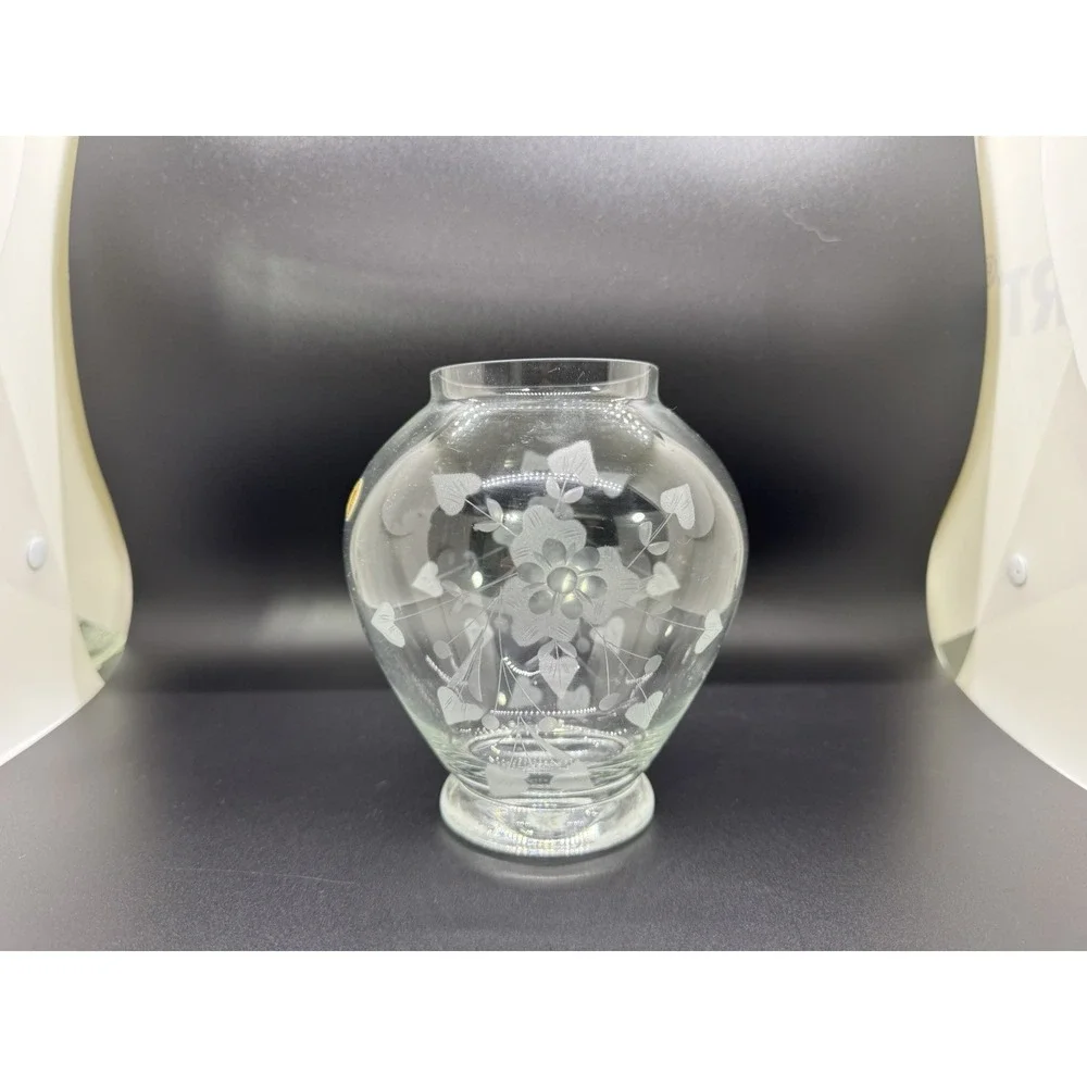 Vintage Romanian Etched Glass Vase Clear