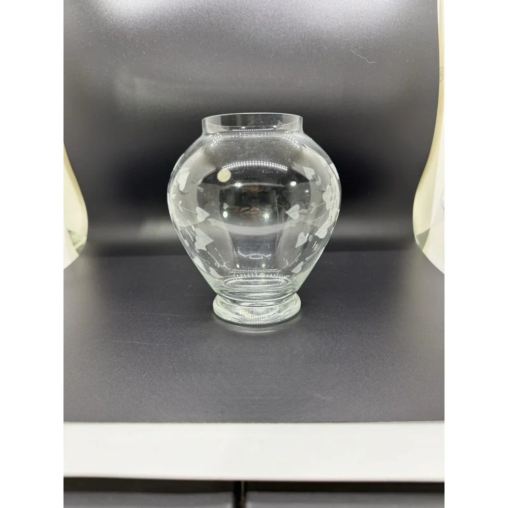 Vintage Romanian Etched Glass Vase Clear