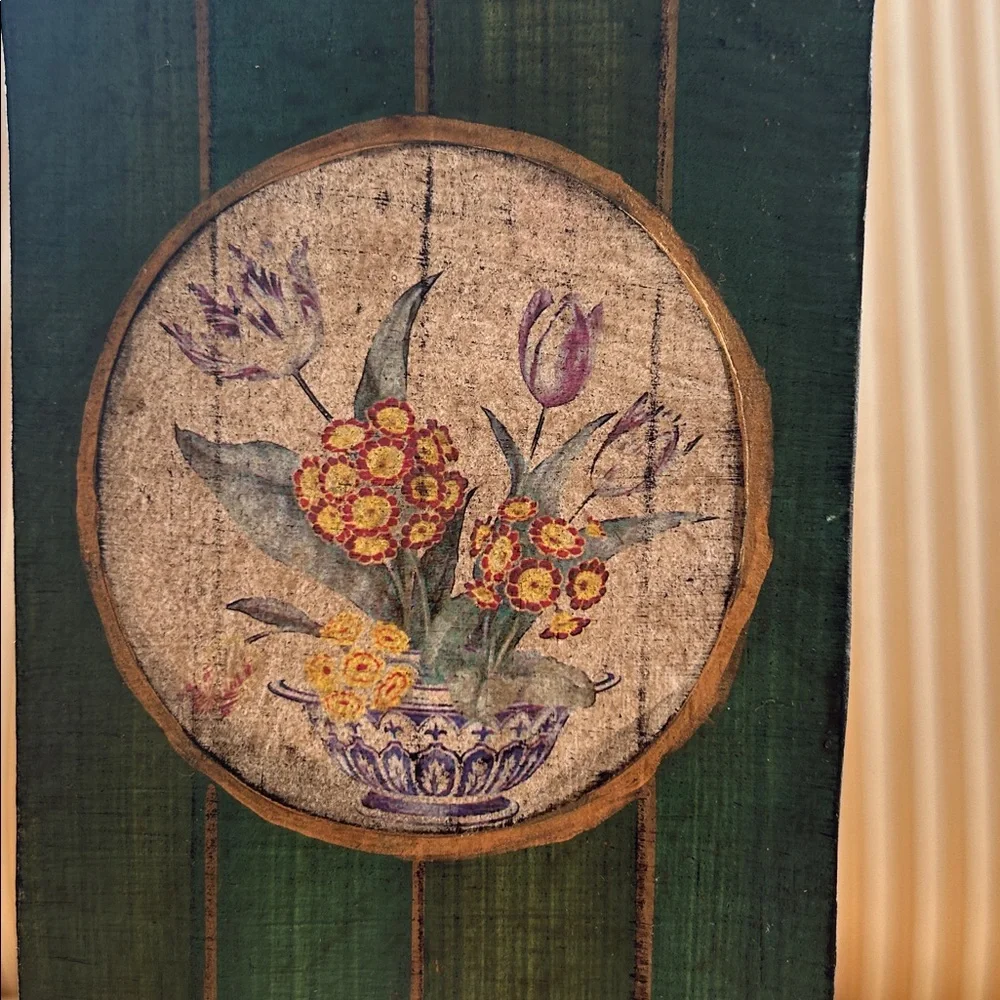 Vintage Green Floral Tin Plant Holder with Gold Accents