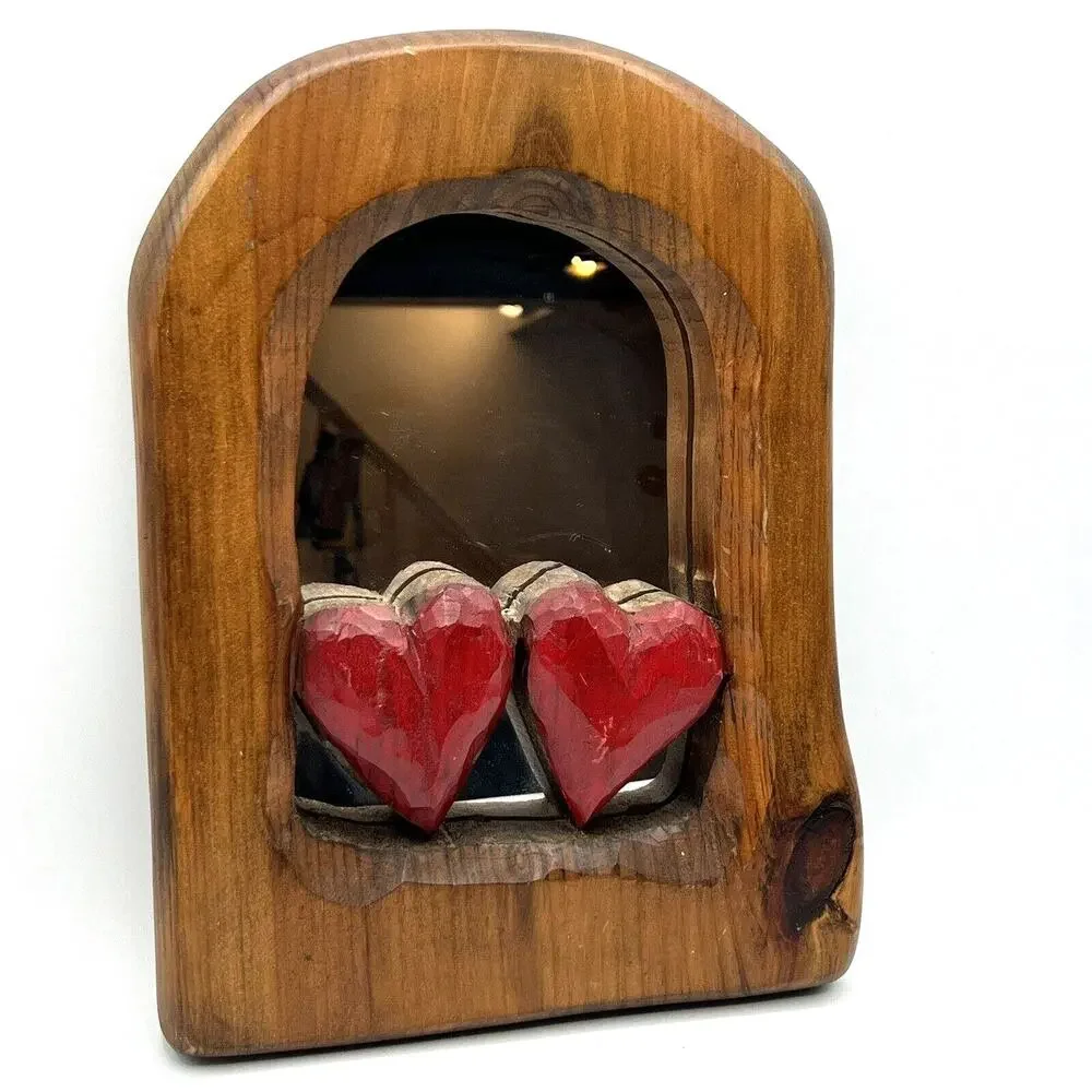 Hand Carved Wood Wall Mirror Double Heart Decorative 10x13