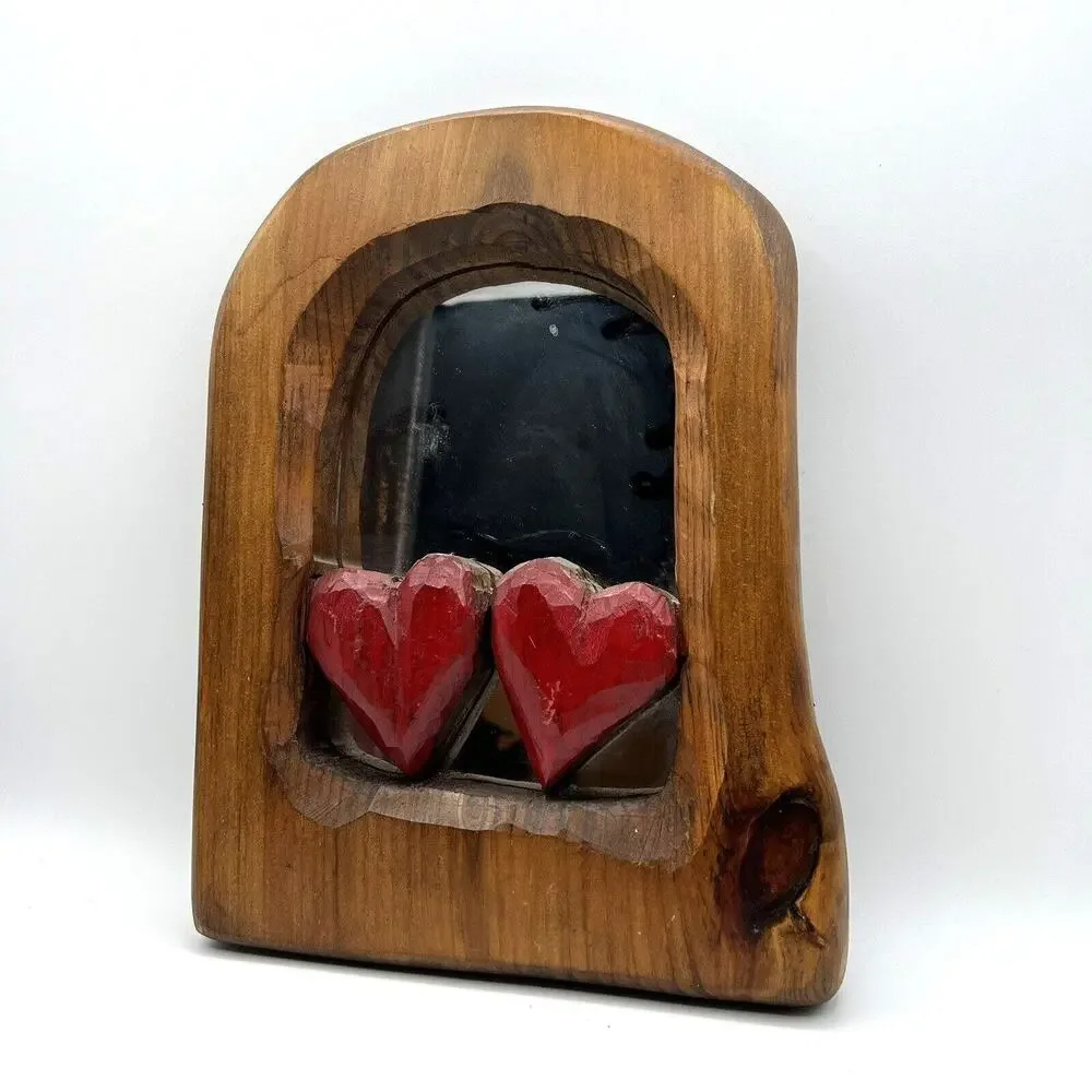 Hand Carved Wood Wall Mirror Double Heart Decorative 10x13