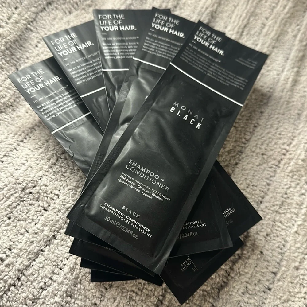 Monat Black Shampoo + Conditioner .34 ounces Sample Packs group of 10
