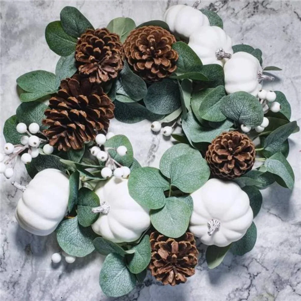 White Pumpkin Garland Artificial Eucalyptus with White Pumpkins Pinecones