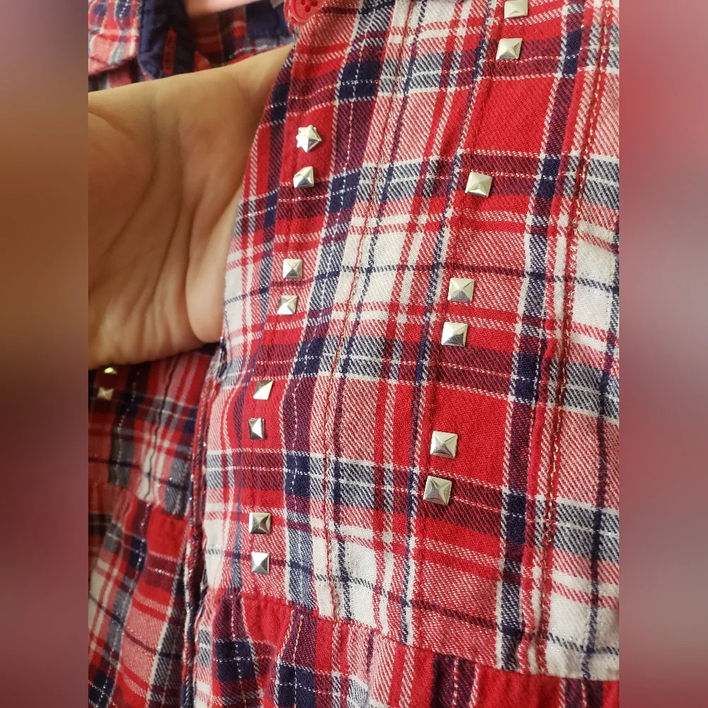 Girls Justice Red White Blue Patriotic Studded Plaid Button Up Tunic Shirt 12