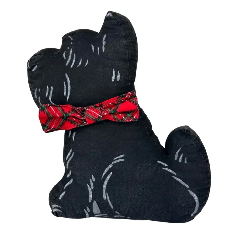 Vintage Scottie Dog with Plaid Bow Christmas Holiday Pillow Handmade Sewn READ