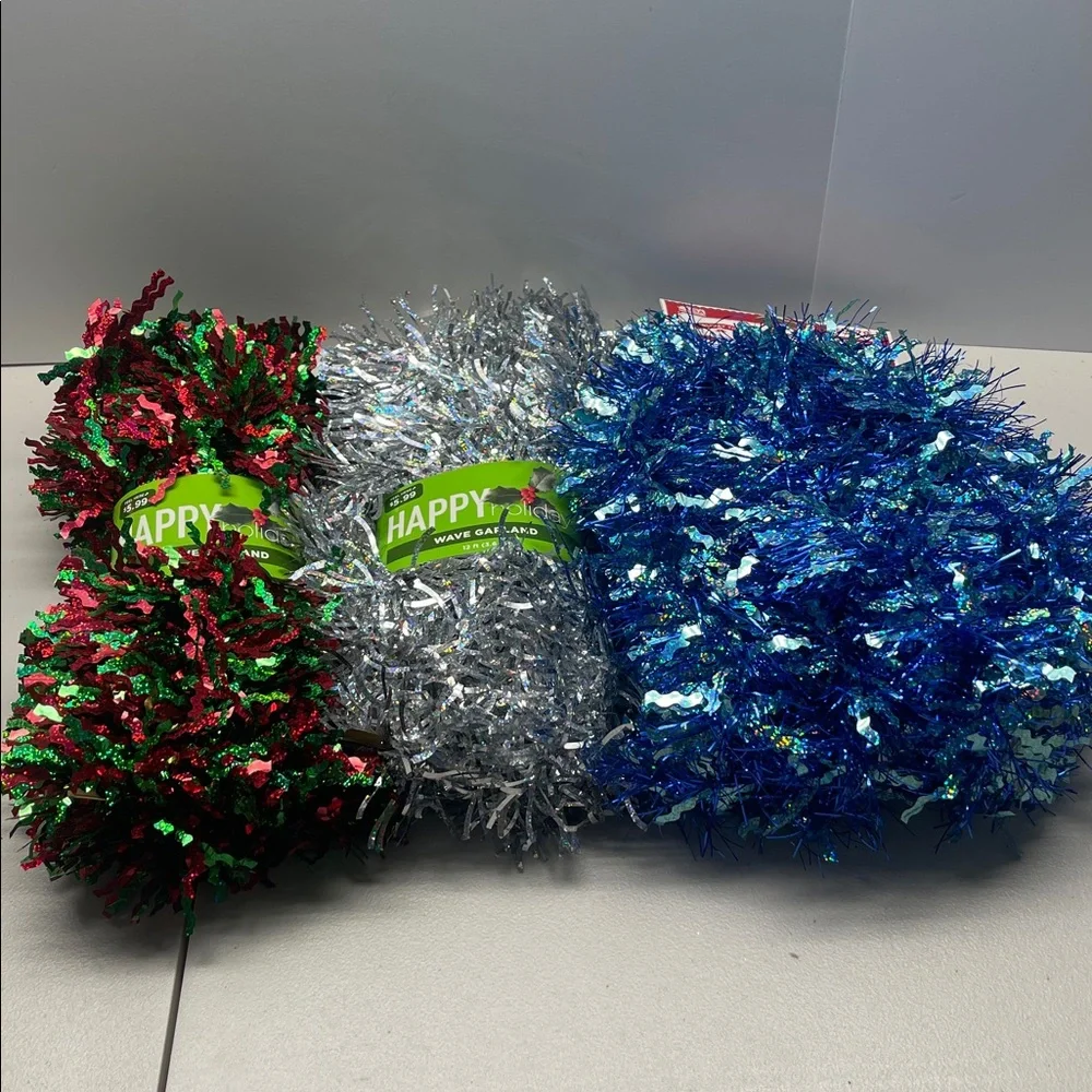 Bundle of 3 Festive Tinsel Garland Set - Red, Silver, Blue