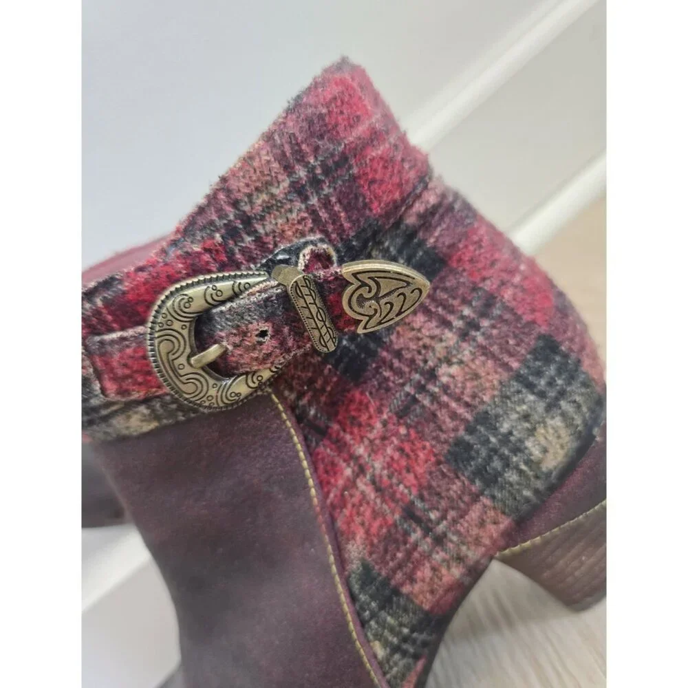 L'artiste Spring Step Scottala Burgundy Red Leather Zip Plaid Ankle Boots 39 8.5