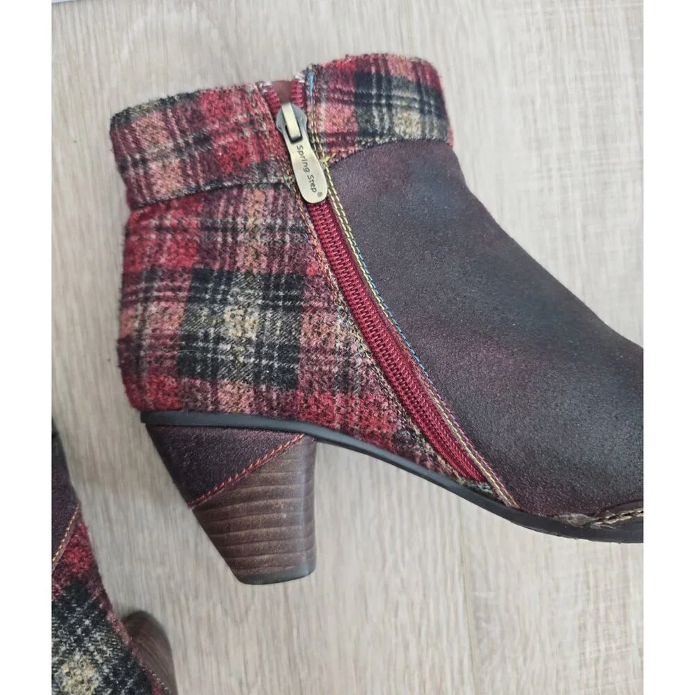 L'artiste Spring Step Scottala Burgundy Red Leather Zip Plaid Ankle Boots 39 8.5