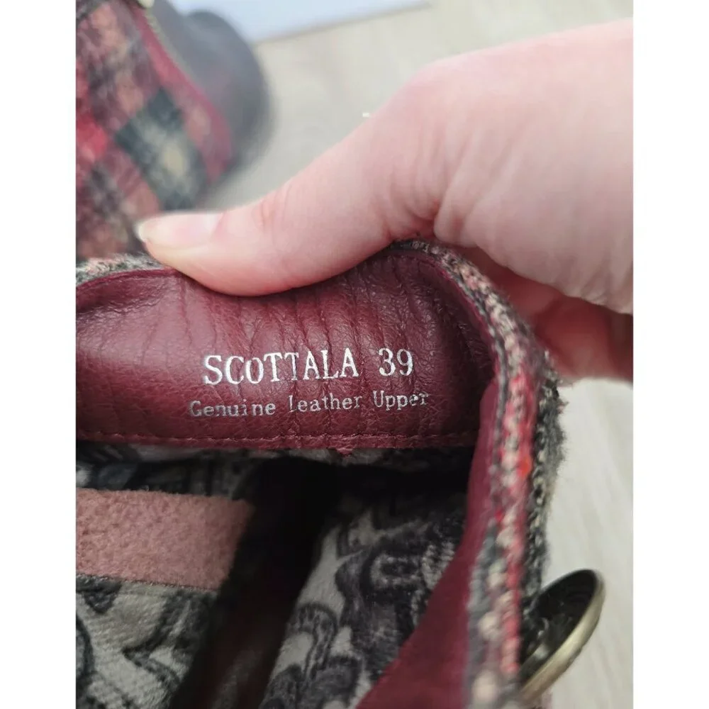 L'artiste Spring Step Scottala Burgundy Red Leather Zip Plaid Ankle Boots 39 8.5