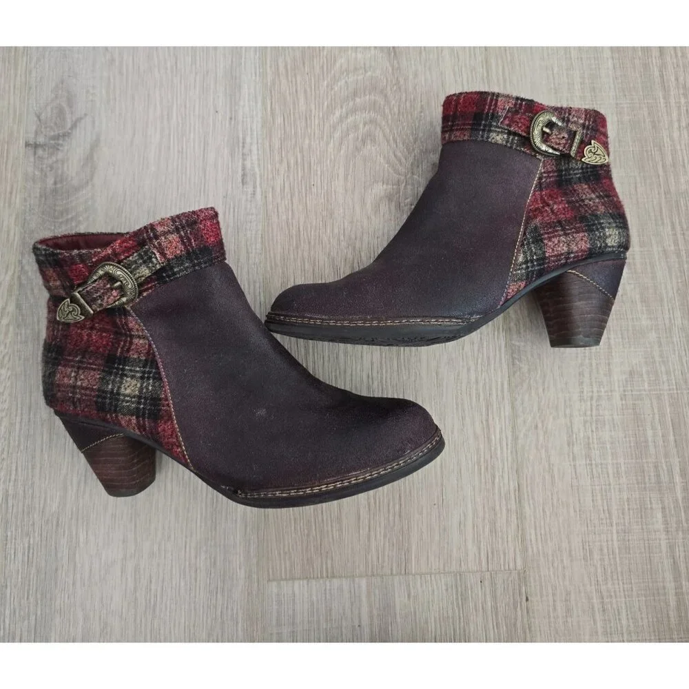 L'artiste Spring Step Scottala Burgundy Red Leather Zip Plaid Ankle Boots 39 8.5