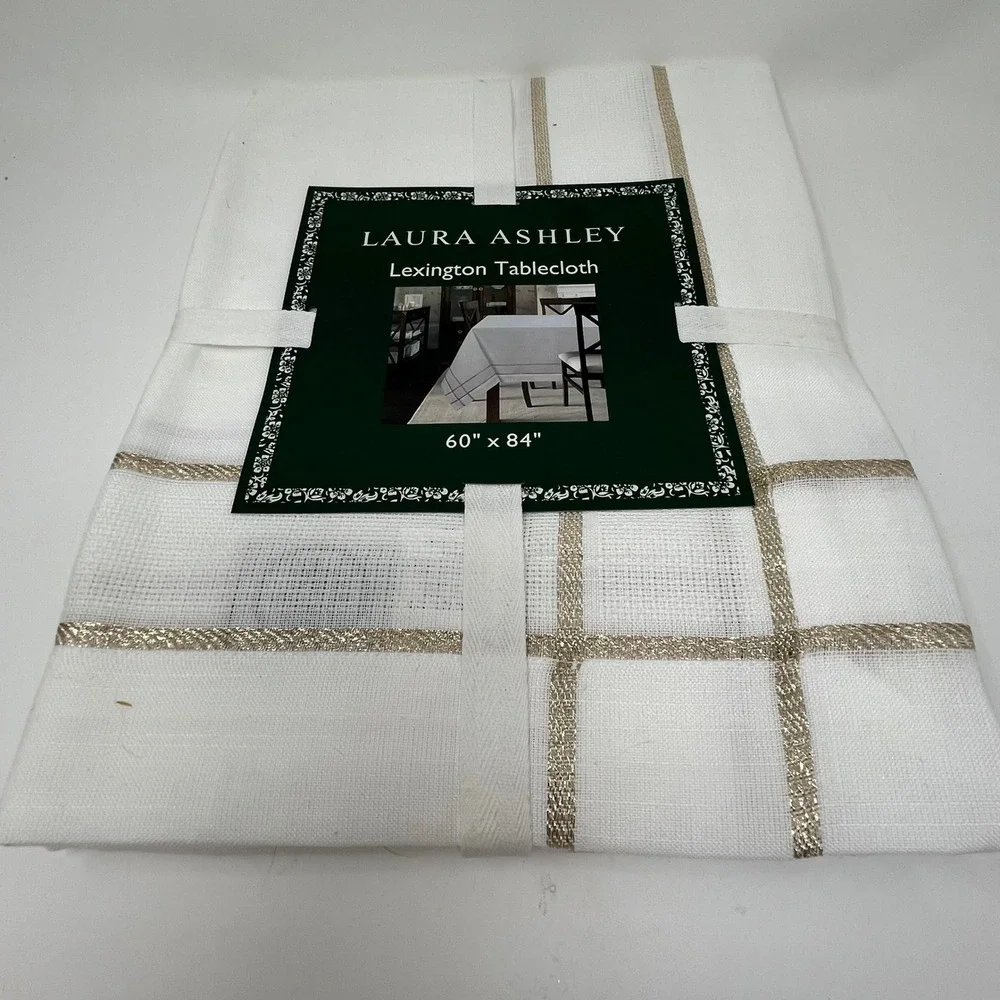 Laura Ashley Lexington Tablecloth White Sparkling Gold Ribbon 60 x 84 Inch New