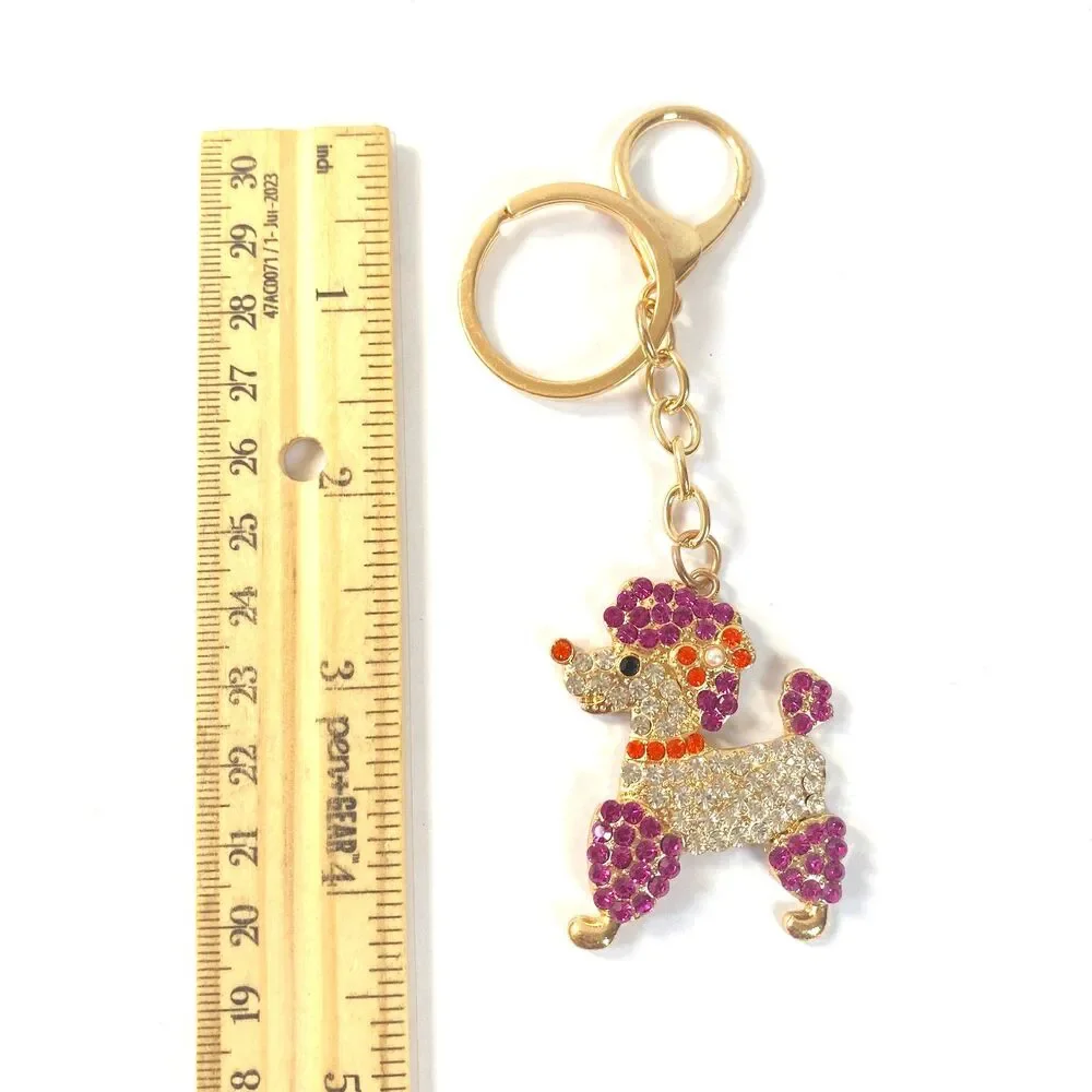 Poodle Rhinestone Charm Keychain Key Holder Purple Multi Gold Tone Metal New
