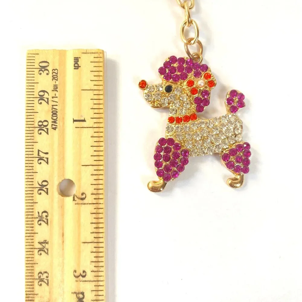 Poodle Rhinestone Charm Keychain Key Holder Purple Multi Gold Tone Metal New