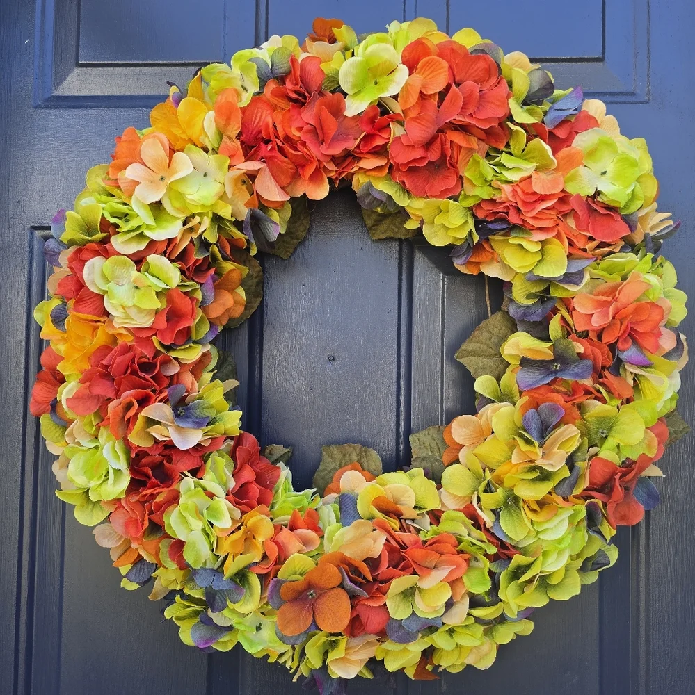 Autumn Splendor Hydrangea Wreath - Red, Orange, Green Floral Decor