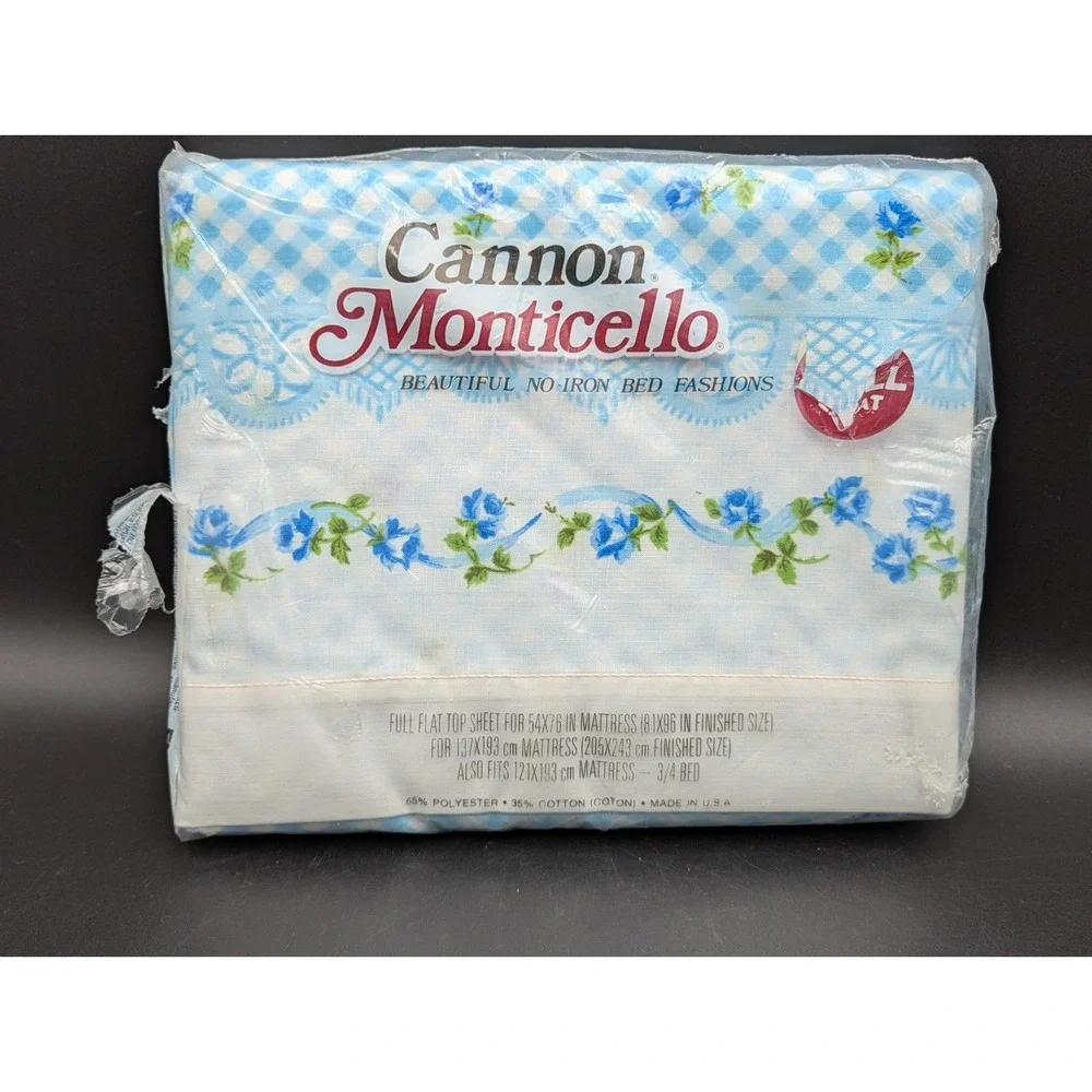 NOS VTG Cannon Monticello No-Iron Full Size Flat Sheet Blue Gingham '79 Floral