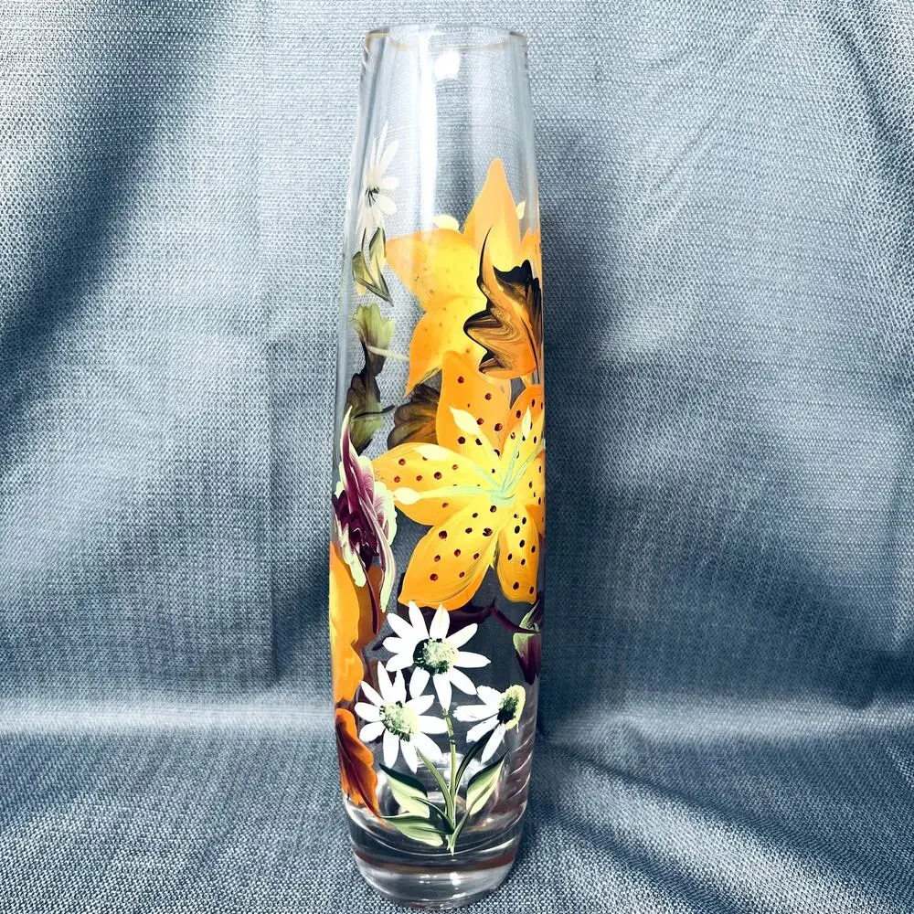 Hand painted Flower Art Glass Vase Fall Leaves Thanksgiving Halloween Home Decor