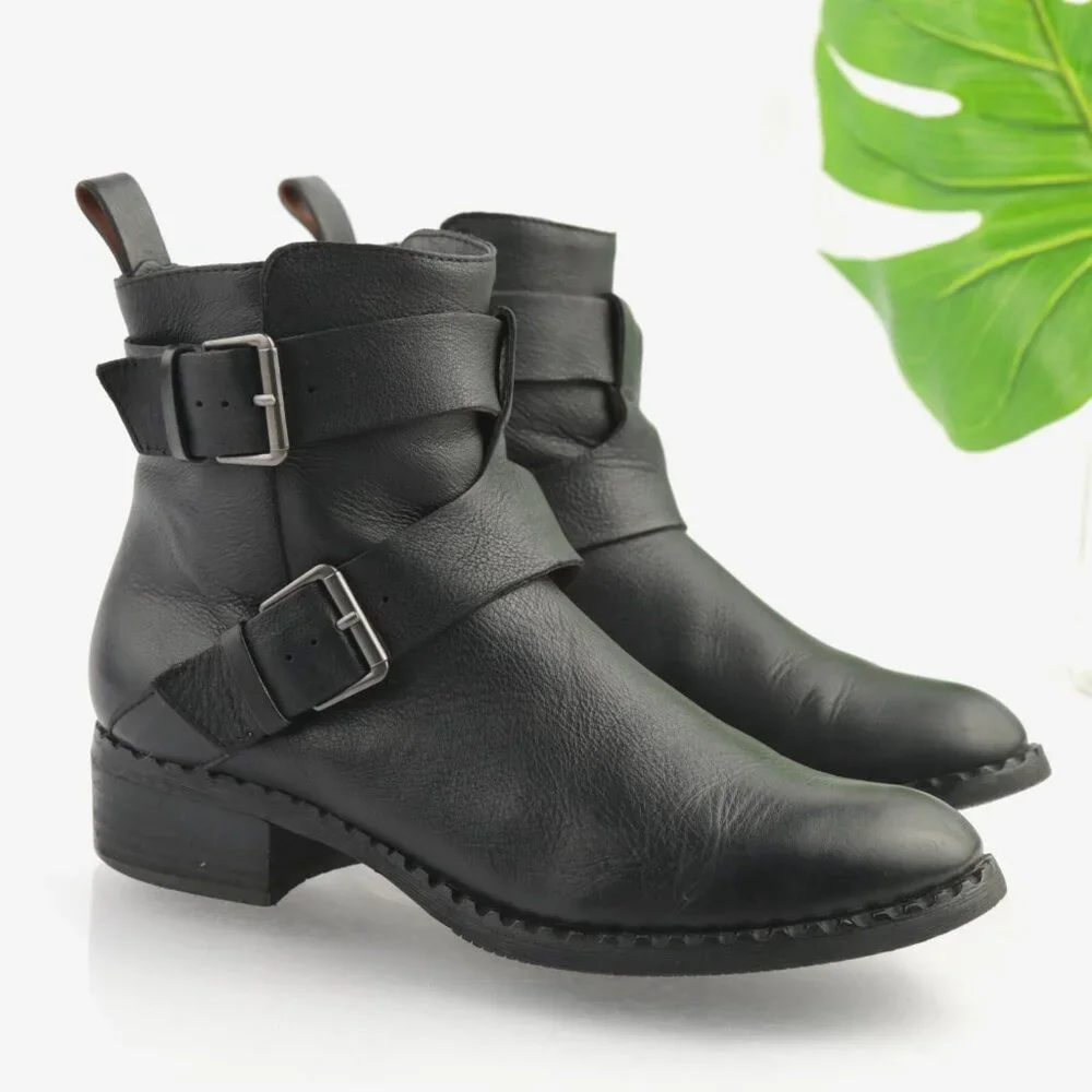 Gentle Souls Womens Best Moto Boot Size 8 Black Leather Buckle Block Heel Bootie