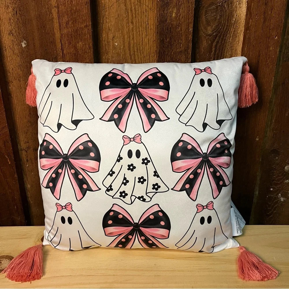 Girly Ghost Bows Throw Pillow With Tassels Spooky Halloween Pink Floral