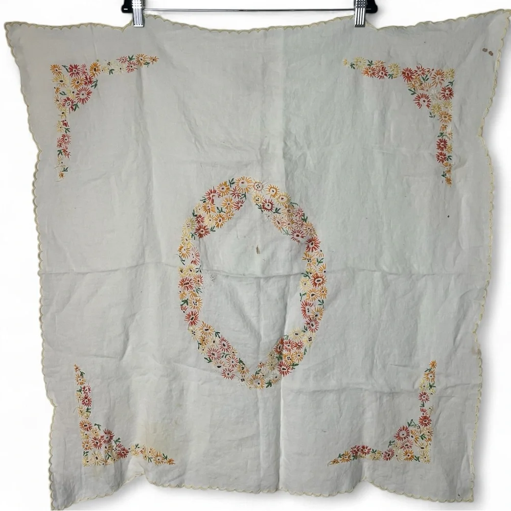 Vintage Hand Embroidered Square Table‎ Cloth Floral 35”x35” White Orange Yellow