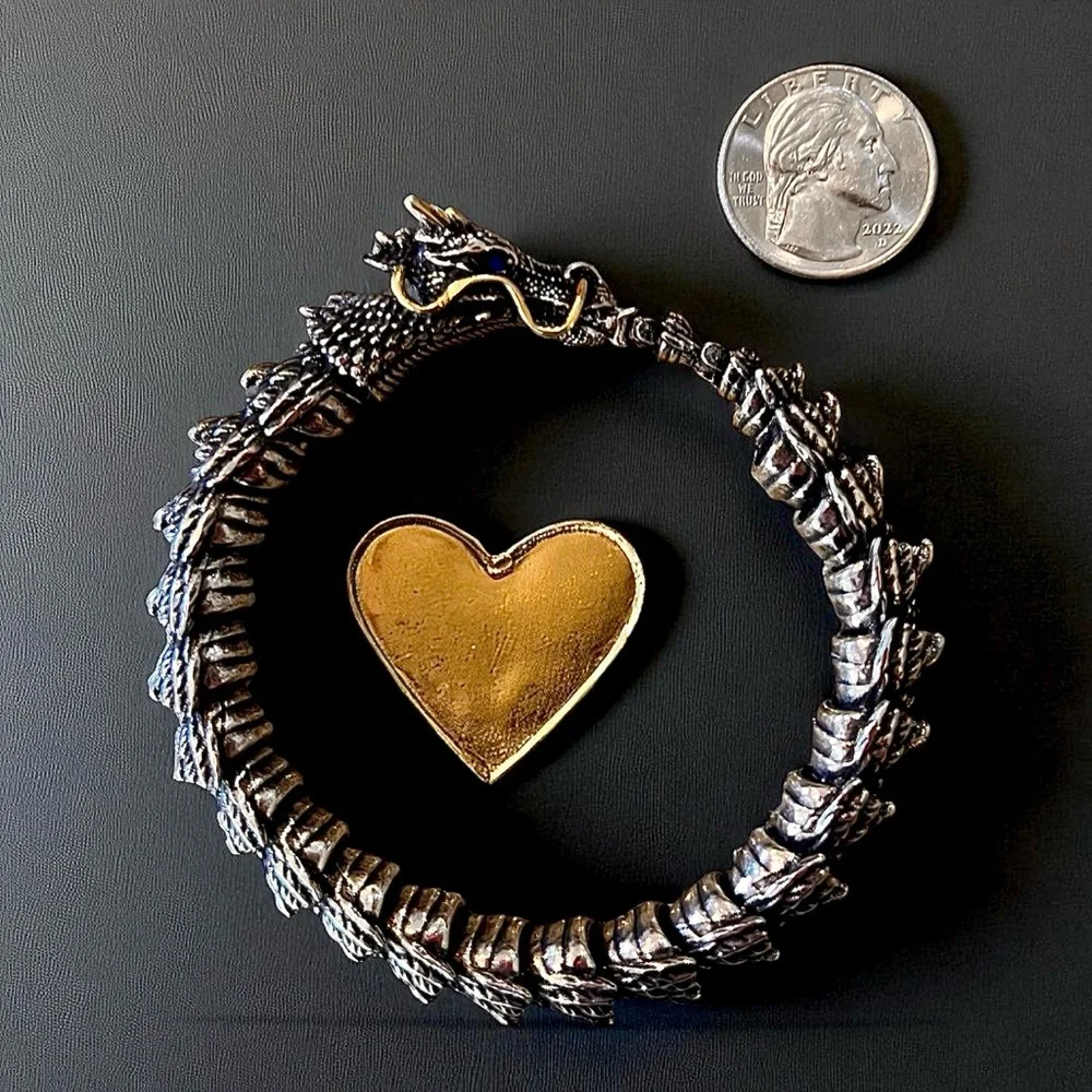 Bold Silver and Brass Toned Ouroboros Blue Eyed Dragon Bracelet 8.5”