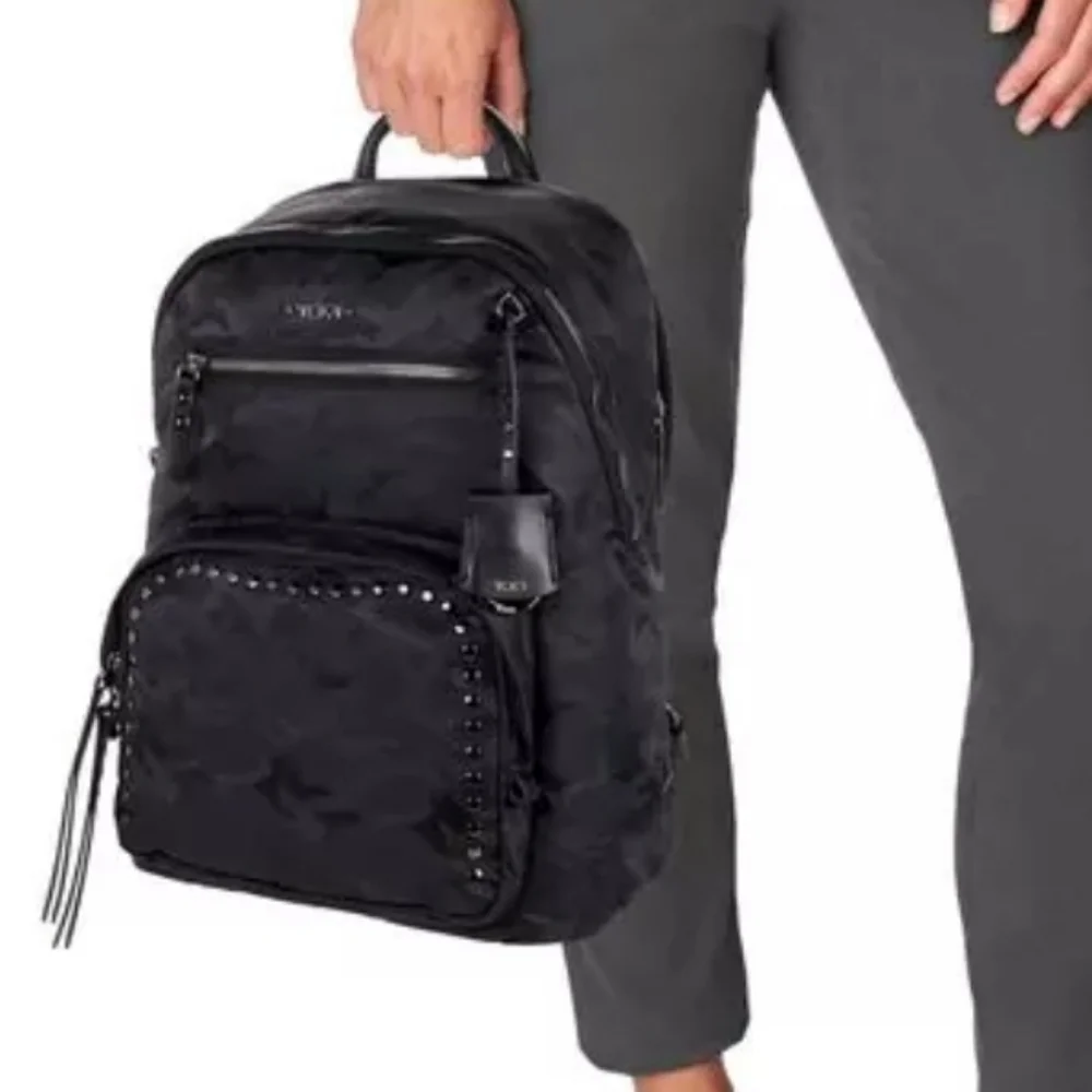 Rare Tumi Voyageur Studded Hagen Backpack in Black Camo Black Hardware
