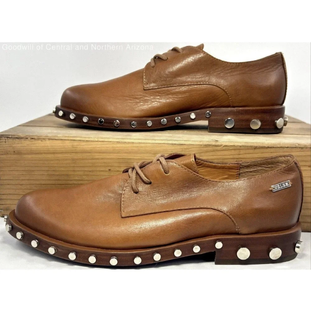 VELEZ Artisan Leather Oxford Dress Shoes Studded Tan‎ Brown Men's Size US 8 Lux