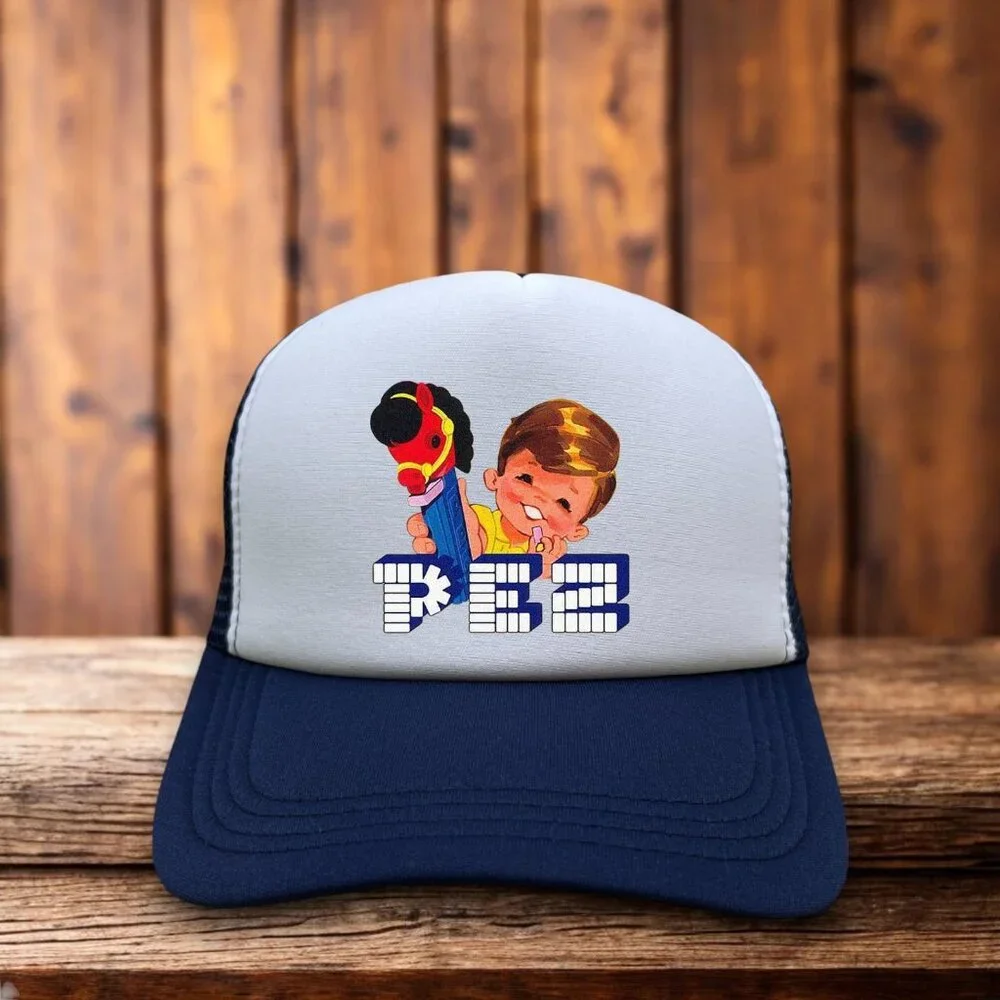 Pez Candy Mens Trucker Hat Navy Snapback 1950s Vintage Logo Old Time Candy Cap