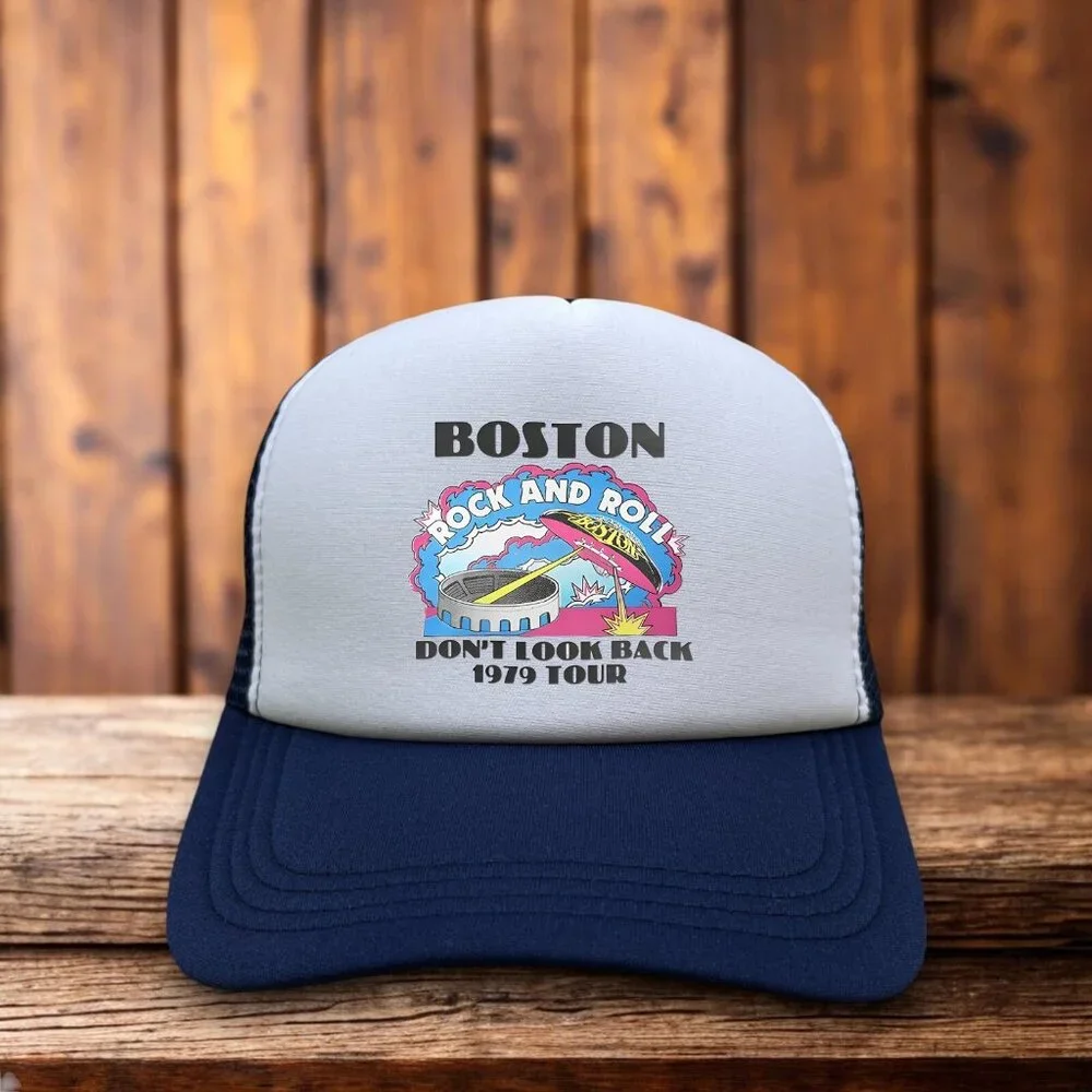 Boston Don't Look Back Tour 1979 Mens Trucker Hat Navy Snapback Rock N Roll Cap