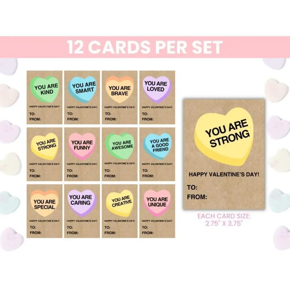 Set of 12 Positive Affirmation Valentines Day Cards, Valentine's Day Classroom C