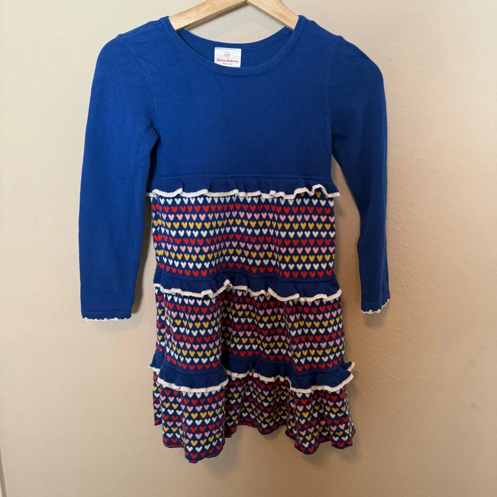 Hanna Andersson Knit Sweater Dress Girls 120 US 7 Long Sleeve Ruffle Hearts