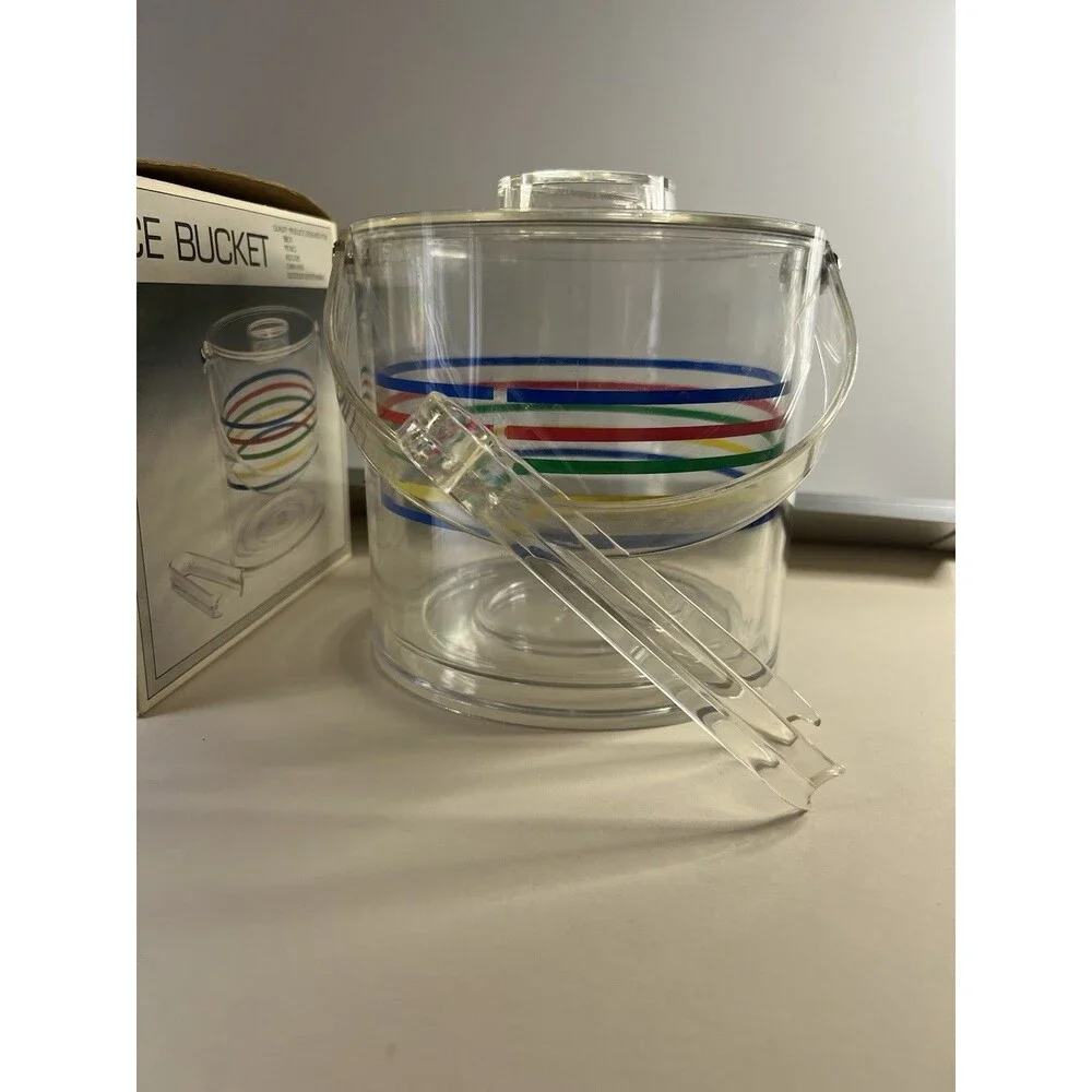 Acrylic IceBucket with Rainbow Stripes Mid-CenturyModern Barware, Box 1980’s VTG