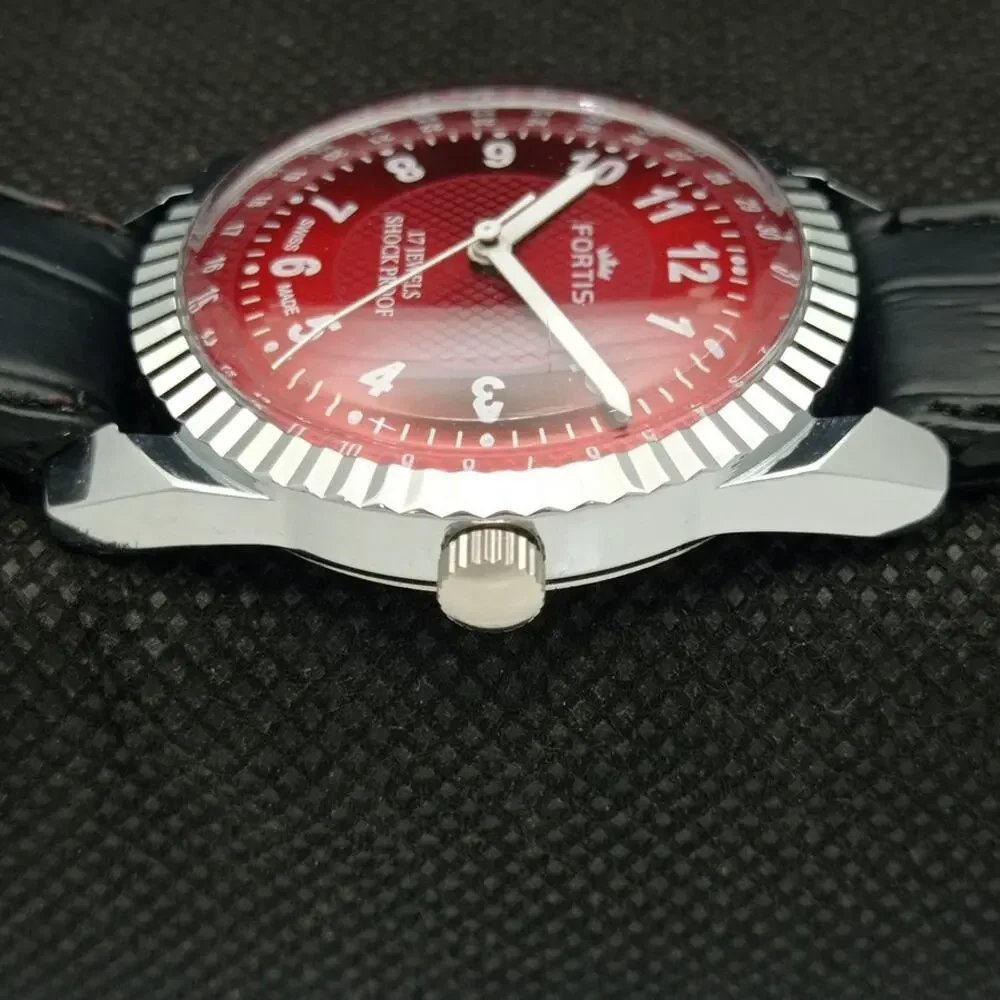 Vintage 1976 Fortis Manual Mens Silver Watch W/Leather Strap & Red accents