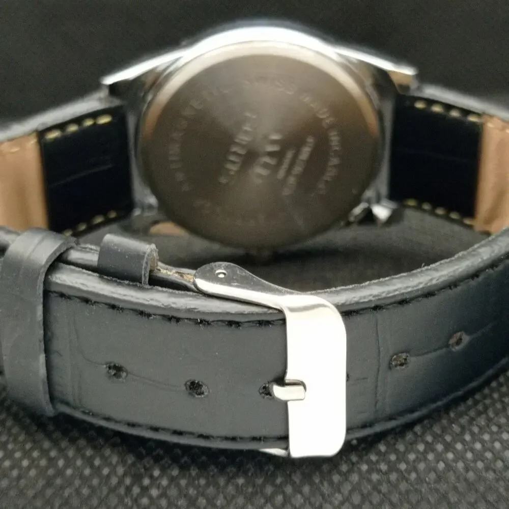 Vintage 1976 Fortis Manual Mens Silver Watch W/Leather Strap & Red accents